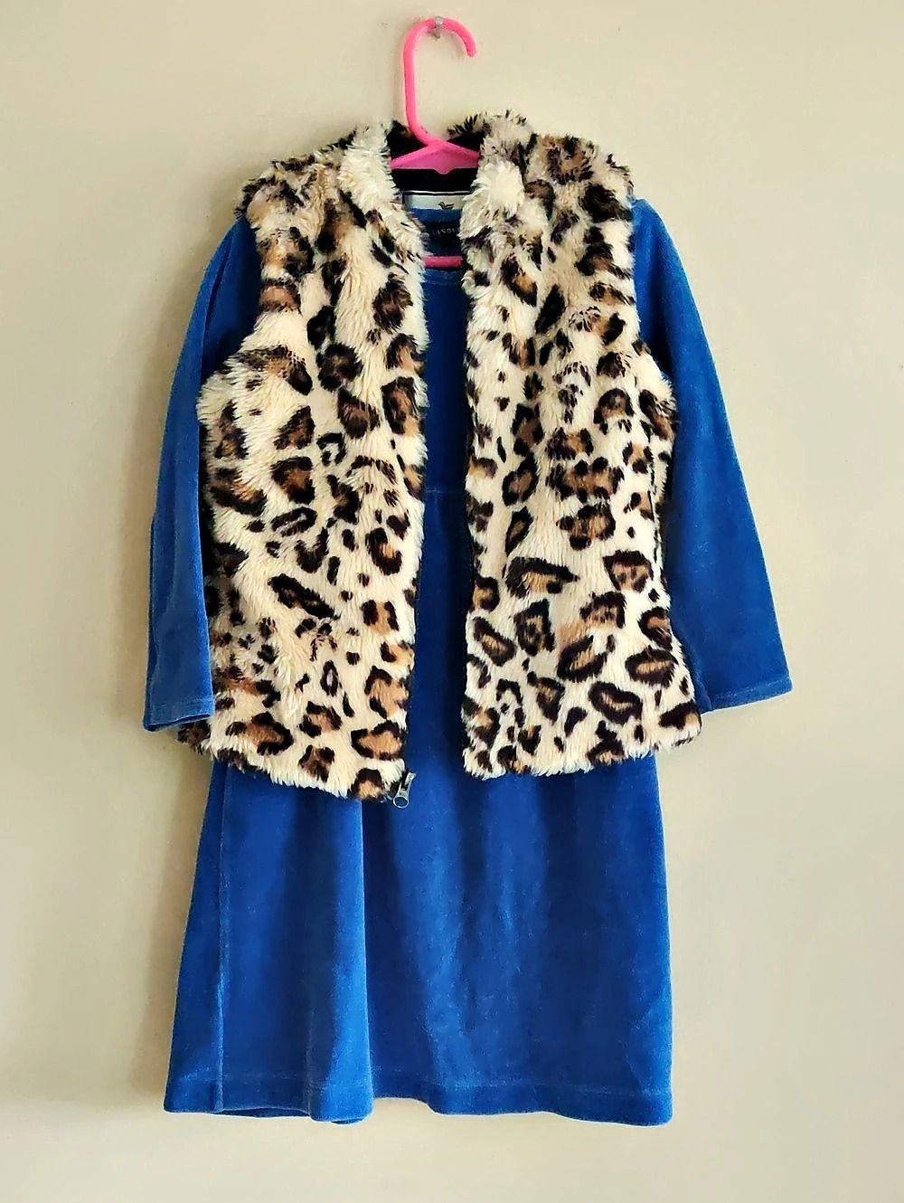 Lands' End Girls Blue Dress & American Widgeon Faux Fur Vest Size 5